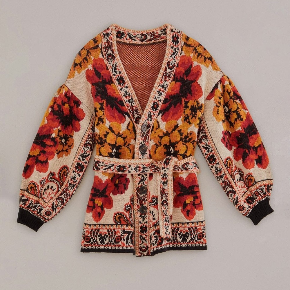 Farm Rio Sand Winter Tapestry Knit Cardigan Sweater Large